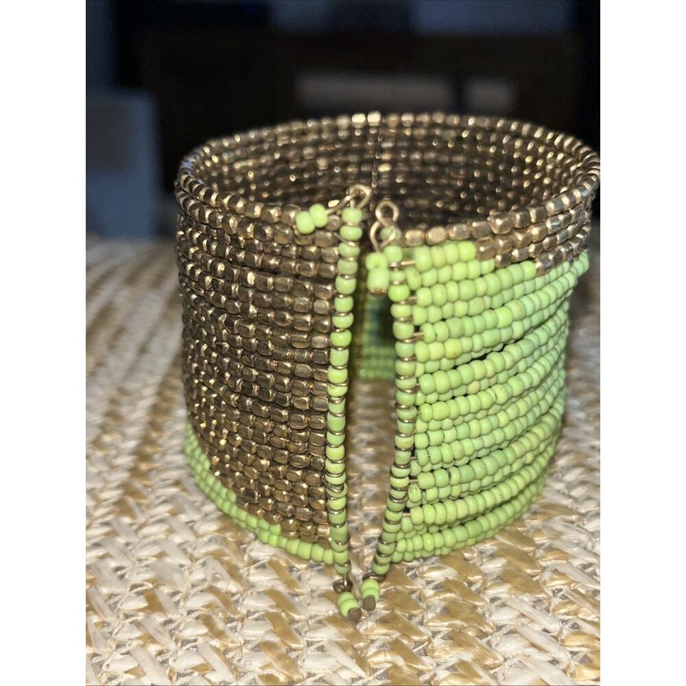 Vintage Wide Cuff Beaded Wire Wrap Bracelet Boho Seed Bead Bohemian Lime Gold